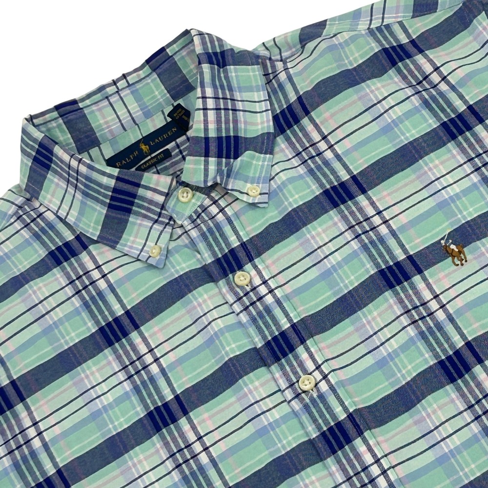 Ralph Lauren Shirt Mens XXL Teal Blue Plaid Classic Fit Long Sleeve Button Down